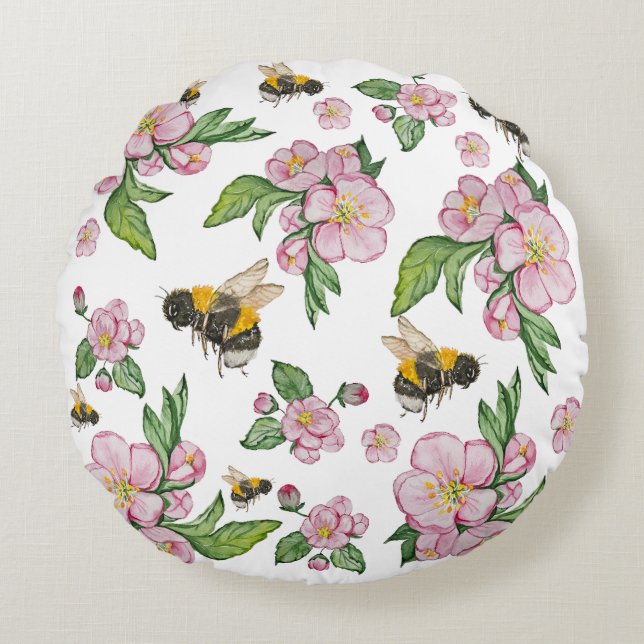 Apple blossom tree and bees watercolor pattern round pillow (Front)