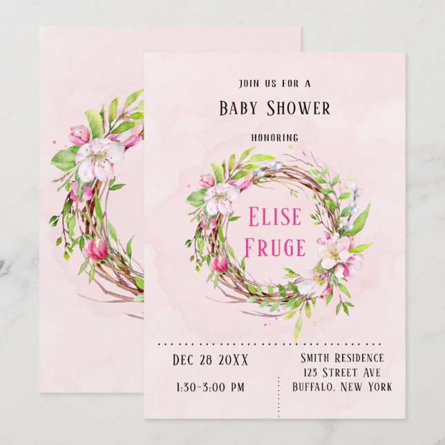 Apple Blossom Tree Wreath Girl Baby Shower Invitation (Front/Back)