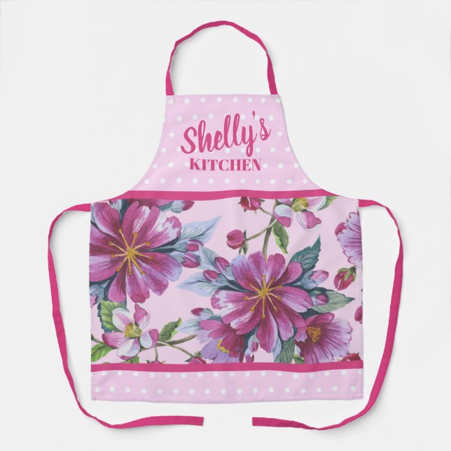 Apple Blossoms and Pink Polka Dots Apron (Front)