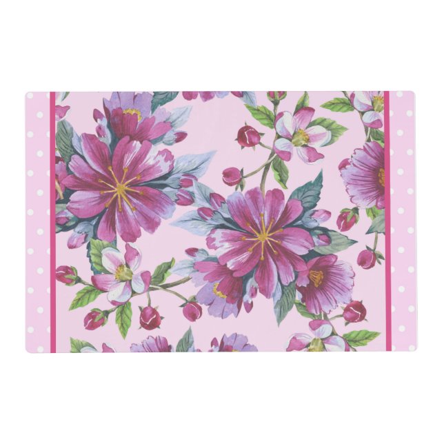 Apple Blossoms and Pink Polka Dots Placemat (Front)