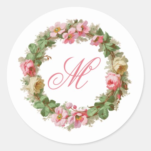 Apple Blossoms and Roses Wreath wMonogram Classic Round Sticker