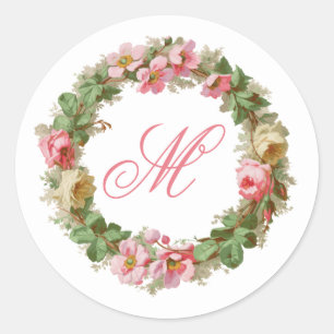 Apple Blossoms and Roses Wreath w/Monogram Classic Round Sticker