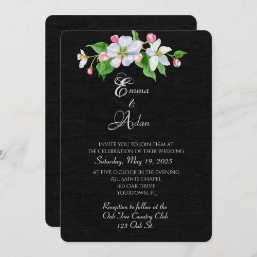 apple blossoms on black wedding invite