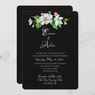 apple blossoms on black wedding invite
