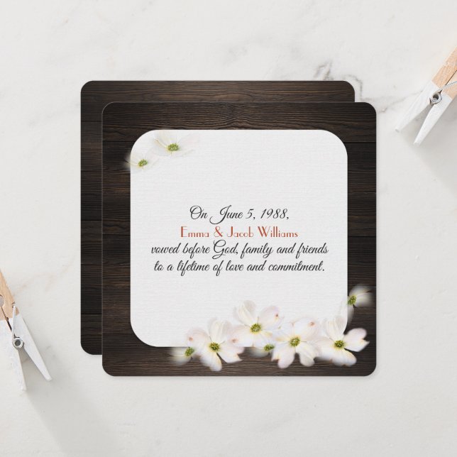 Apple Blossoms Vow Renewal On Dark Wood Invitation (Front/Back In Situ)