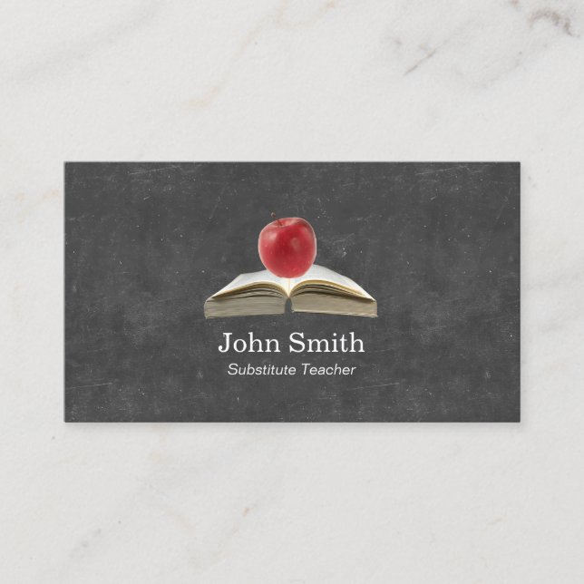 Apple & Book Chalkboard Background Teacher Business Card (Front)