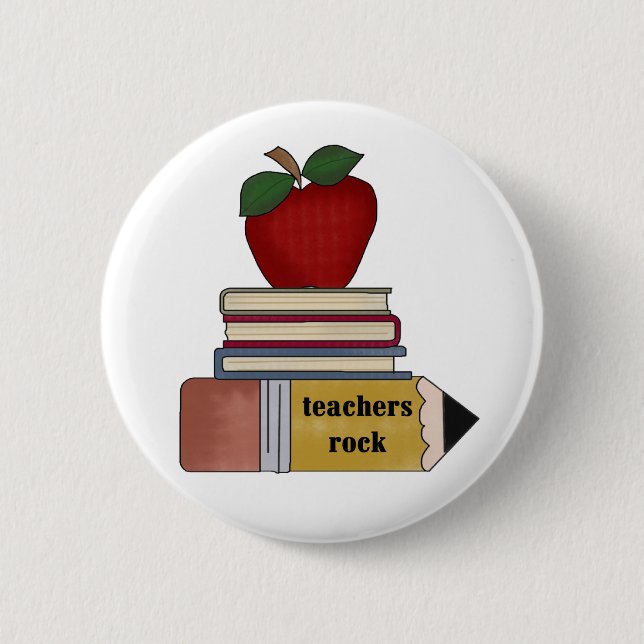 Apple, Books, Pencil Teachers Rock Button (Front)