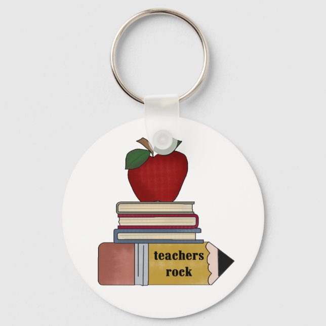 Apple, Books, Pencil Teachers Rock Keychain (Front)
