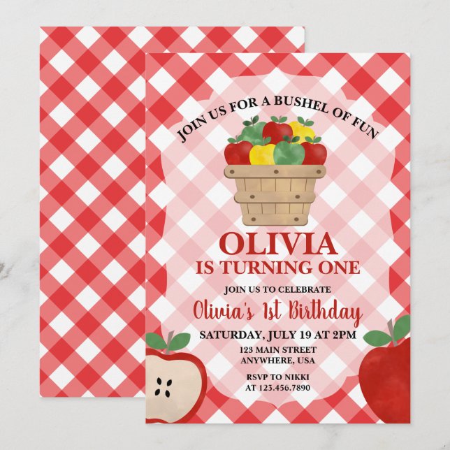 Apple Bushel of Fun 1st Birthday Invitation (Front/Back)