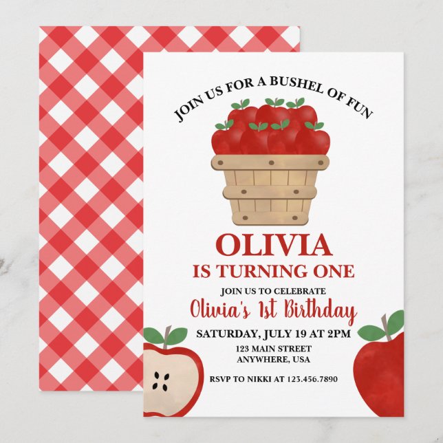 Apple Bushel of Fun 1st Birthday Invitation (Front/Back)