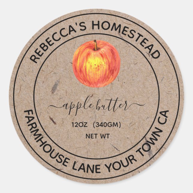 Apple Butter Kraft Paper Canning Jar Labels (Front)