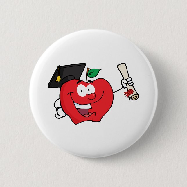 Apple Character  Graduate Holding A Diploma Pinback Button (Front)