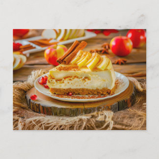 Apple cinnamon cheesecake slice in autumn postcard