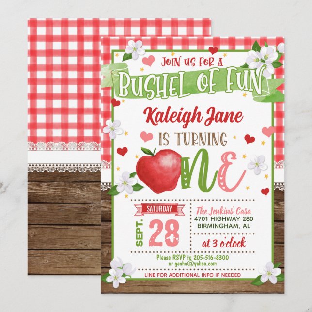 Apple First Birthday Invitation - Bushel of Fun G (Front/Back)