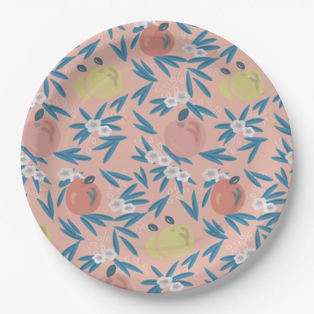 Apple Floral Pattern Coral Pink Paper Plates (Front)