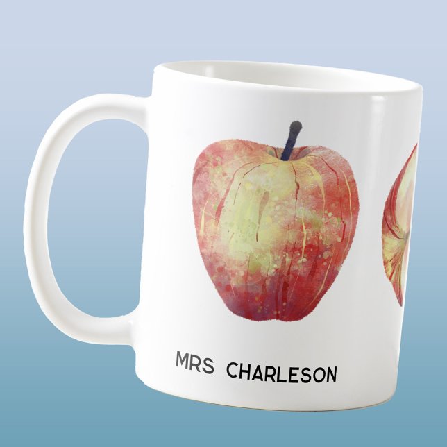 Apple Fruit Watercolor Personalized Teacher Coffee Mug (Apple watercolor personalized teacher gift coffee mug)