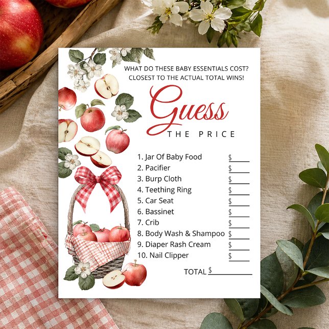 Apple & Gingham Baby Shower Guess the Price Game Flyer (Guess The Price - Baby Shower Game)