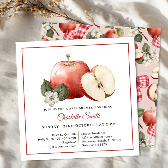 Apple Gingham Bow Fall Baby Shower Invitation (Apple Baby Shower Invitation)