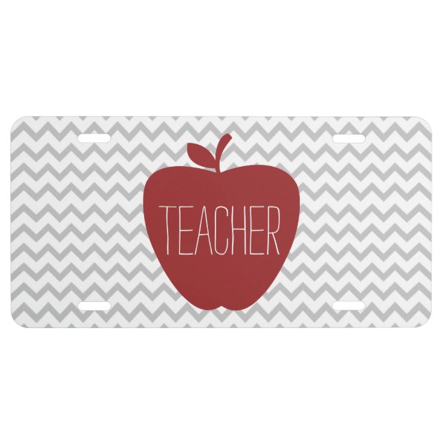 Apple & Gray Chevron Teacher License Plate Cover (Front)