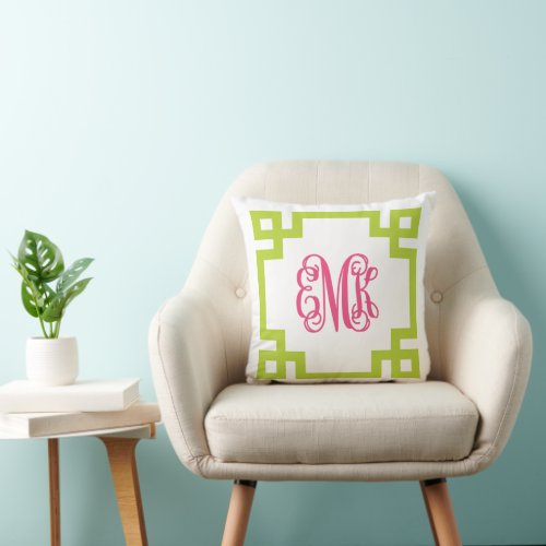 Apple Green and Pink Greek Key Script Monogram Throw Pillow