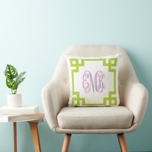 Apple Green and Purple Greek Key Script Monogram Throw Pillow