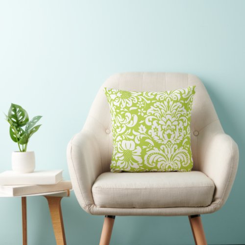 Apple Green and White Floral Damask Throw Pillow