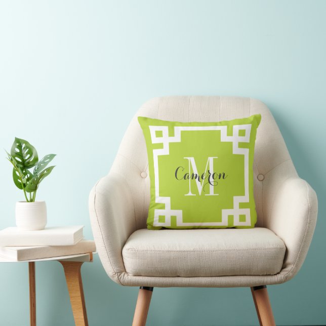 Apple Green and White Greek Key Monogram Throw Pillow (Chair)