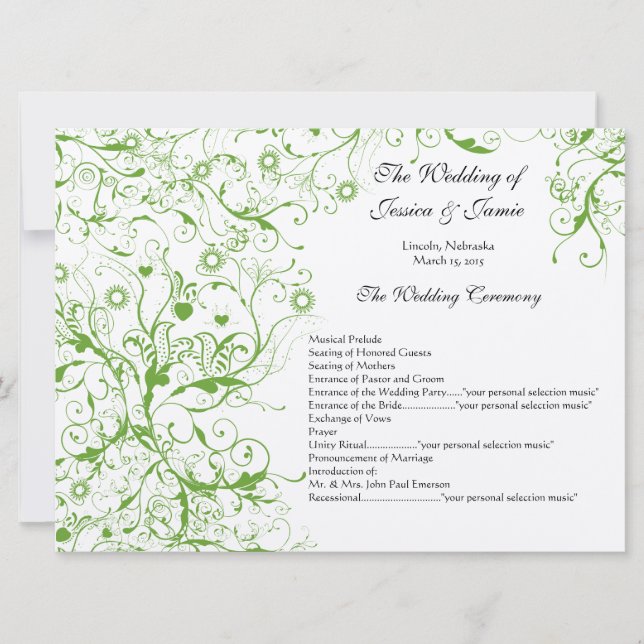 Apple Green Birds Swirl Order of Service Invitation (Front)