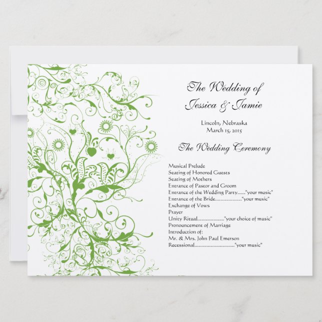 Apple Green Black Birds Swirl Order of Service Invitation (Front)
