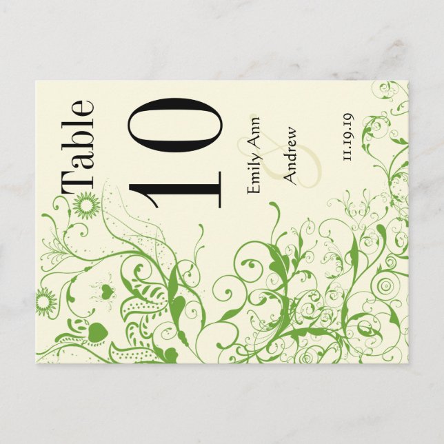 Apple Green & Black Birds Swirl Table Number (Front)