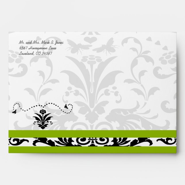 Apple Green Black Bubble Bee Damask Envelopes (Front)