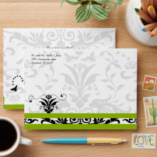 Apple Green Black Bubble Bee Damask Envelopes