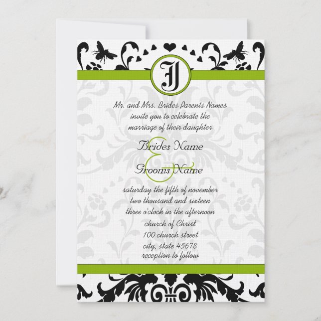 Apple Green Black Bubble Bee Damask Wedding Invite (Front)