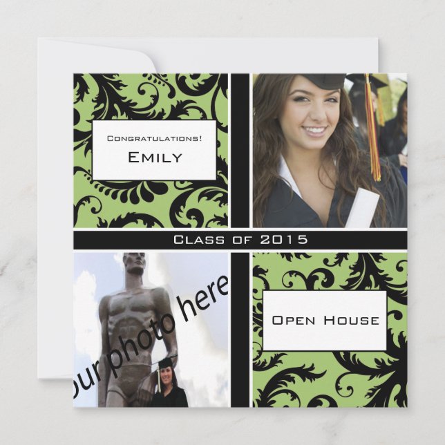 Apple Green & Black Damask  Graduation Invitation (Front)