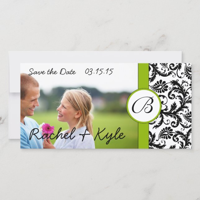 Apple Green Black Damask Save the Date Your Photo (Front)