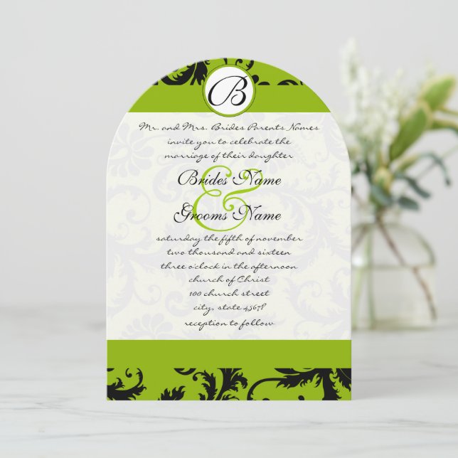 Apple Green Black Damask Swirls Wedding Invitation (Standing Front)