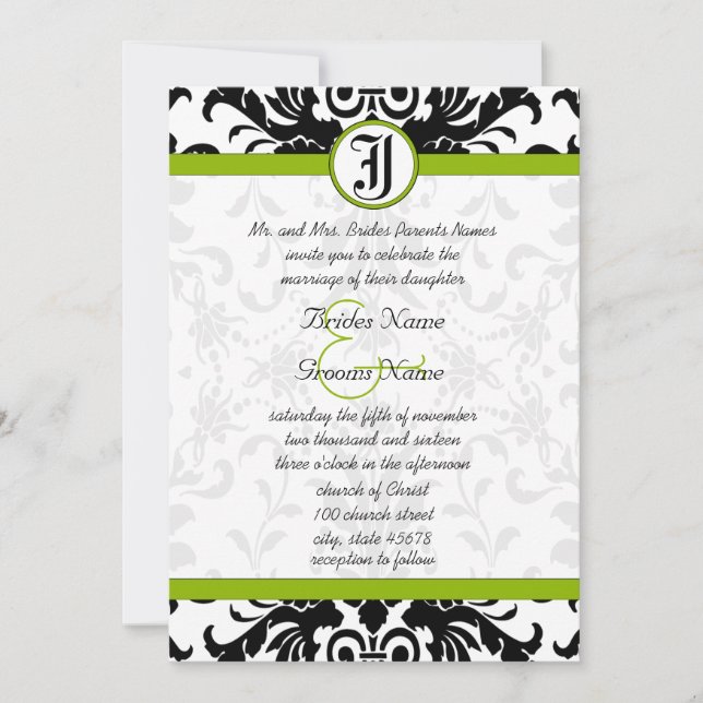 Apple Green & Black Damask Wedding Invitation (Front)
