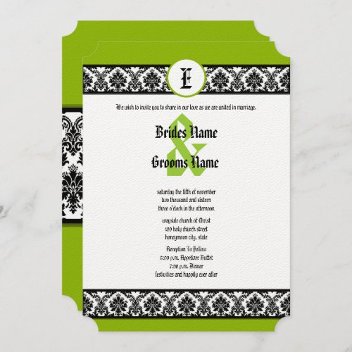 Apple Green  Black Damask Wedding Invitation
