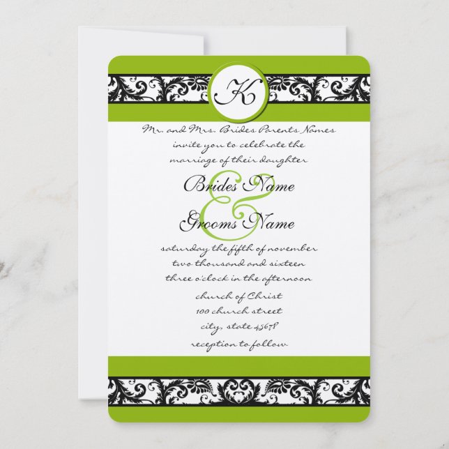 Apple Green Black Damask Wedding Invites Wide Band (Back)