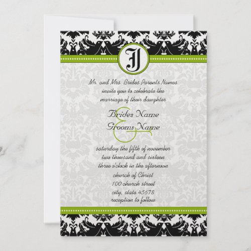 Apple Green Black Love Bird Damask Wedding Invite