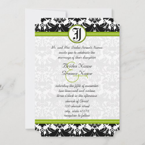 Apple Green Black Love Bird Damask Wedding Invite