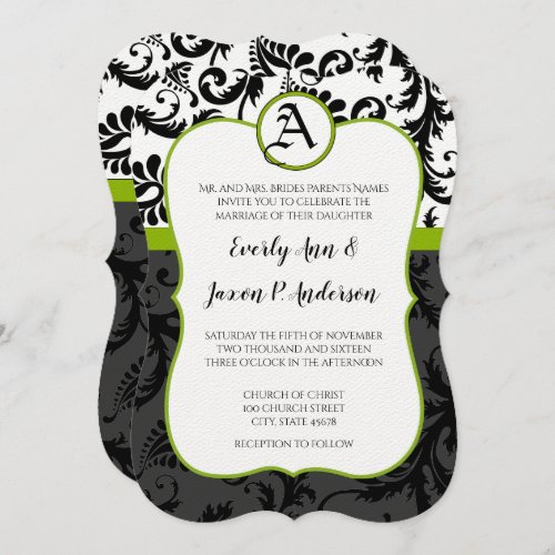 Apple Green Black Unique Damask Wedding Invitation