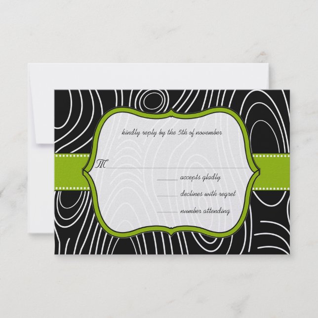 Apple Green & Black Wood Grain Wedding Dots RSVP Card (Front)