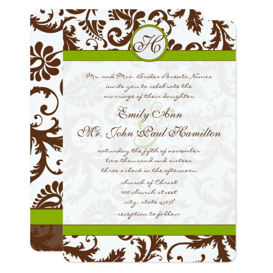 Le Green Brown Damask Wedding Invitation Le Green Brown Damask Wedding Invitation