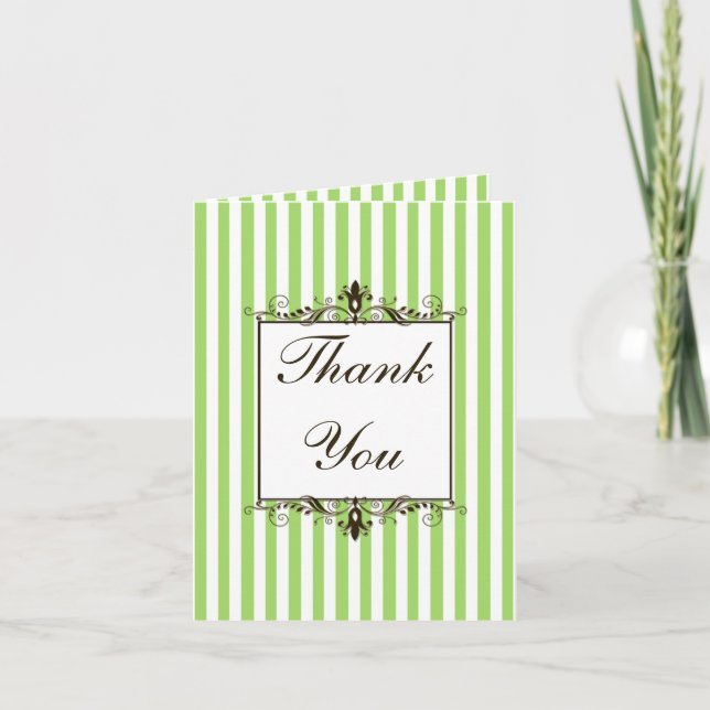 Apple Green, Brown, White Striped Thank You Card (Front)