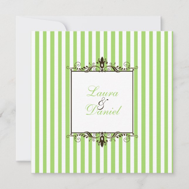 Apple Green, Brown, White Stripes Scrolls Invite (Front)