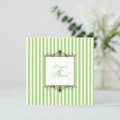 Apple Green, Brown, White Stripes Scrolls Invite (Standing Front)