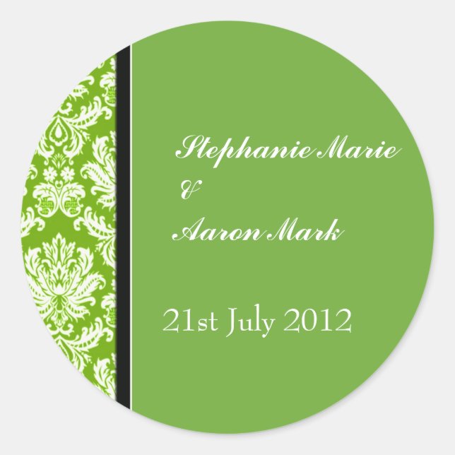 Apple Green Classic Damask Wedding Label Sticker (Front)