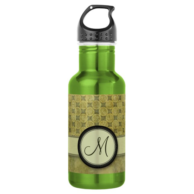Apple Green Coin Pattern with Monogram Water Bottle (Front)