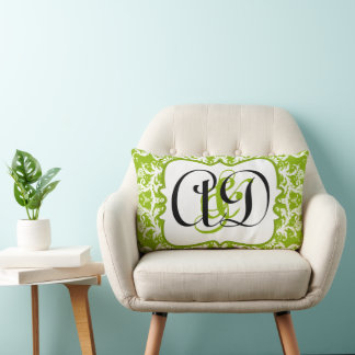 Apple Green Damask Black Monogram Bride's Pillow